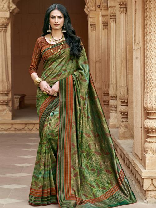 olive floral saree with blouse - 17439769 - Very Small Image - 1