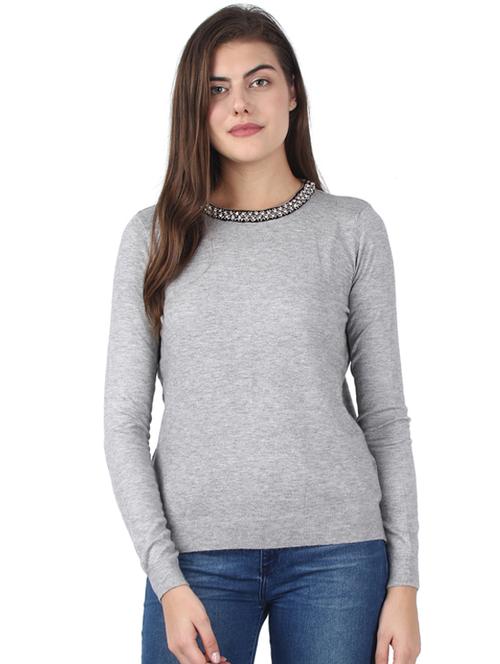 embellished neck grey melange top - 17439973 - Very Small Image - 1