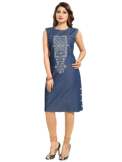 printed denim a-line kurta - 17441335 - Very Small Image - 1