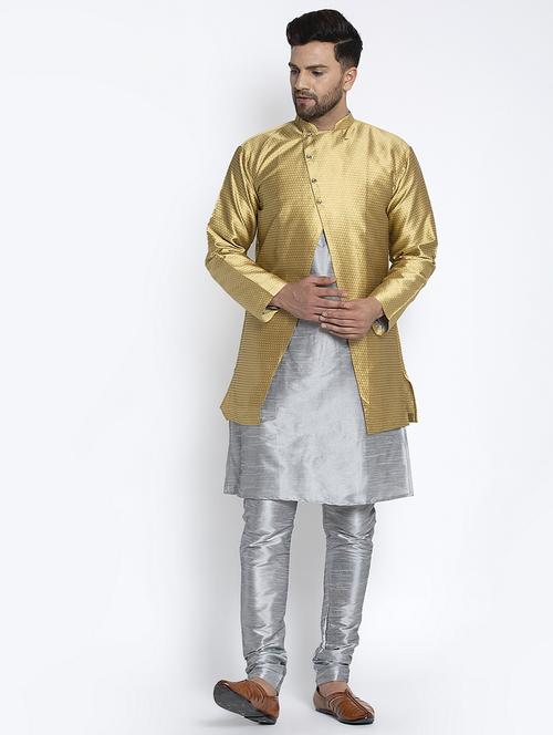 silver solid pure silk kurta pyjama set with gold jacquard ethnic jacket - 17442568 - Very Small Image - 1