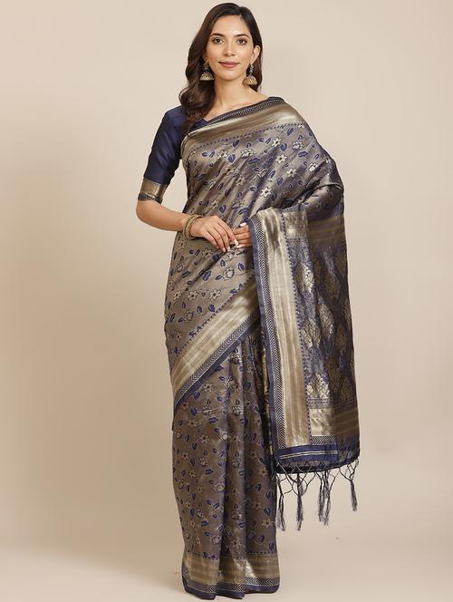 navy silk blend banarasi saree with blouse - 17444272 - Very Small Image - 1