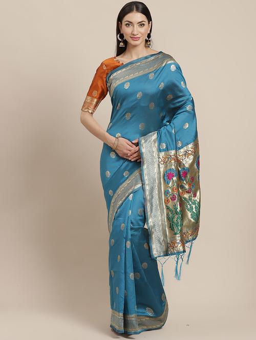 turquoise banarasi saree - 17444284 - Very Small Image - 1