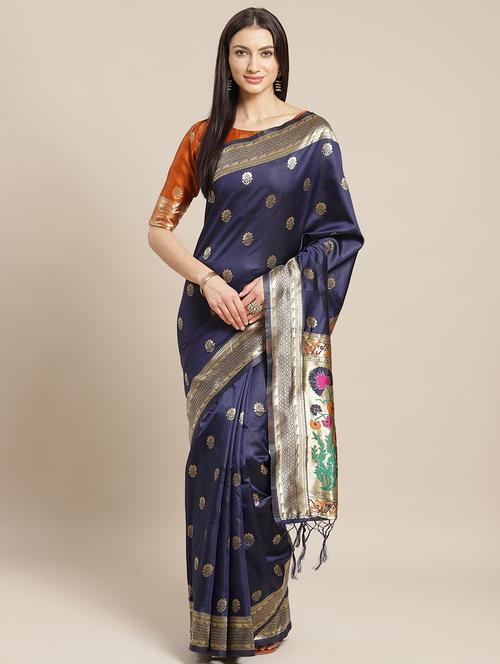 navy silk blend banarasi saree with blouse - 17444287 - Very Small Image - 1