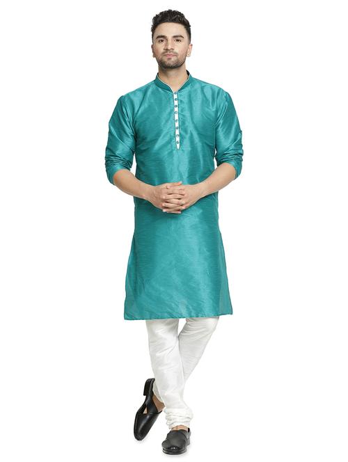 green solid dupion kurta pyjama set - 17444413 - Very Small Image - 1