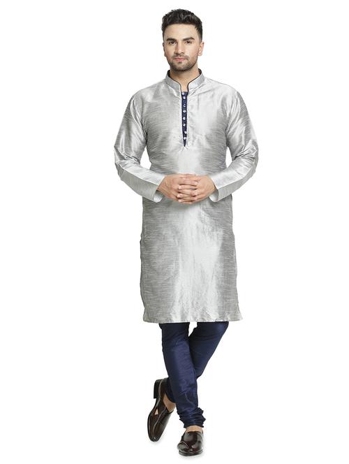 silver solid dupion kurta pyjama set - 17444414 - Very Small Image - 1