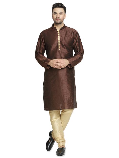 brown solid dupion kurta pyjama set - 17444419 - Very Small Image - 1