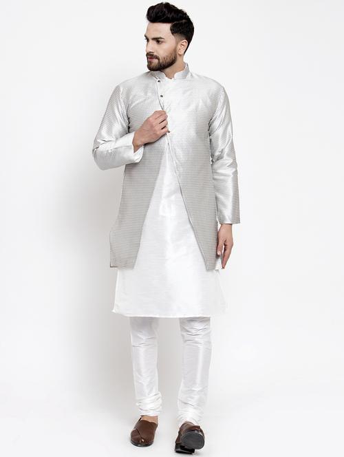 silver jacquard silk blend sherwani set - 17444420 - Very Small Image - 1