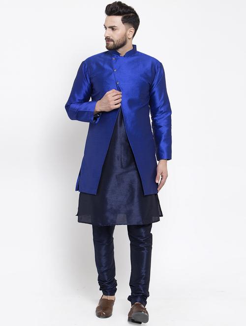 blue jacquard silk blend sherwani set - 17444435 - Very Small Image - 1