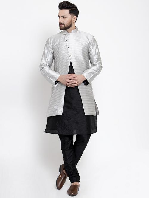 silver jacquard silk blend sherwani set - 17444459 - Very Small Image - 1