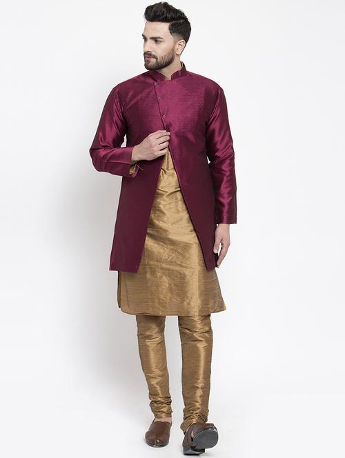 burgundy jacquard silk blend sherwani set - 17444487 - Very Small Image - 1