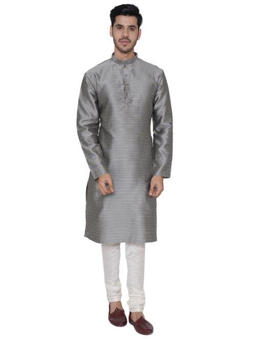 grey jacquard silk blend long kurta - 17449031 - Very Small Image - 1