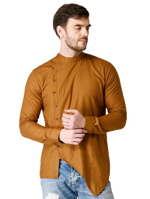 khaki solid asymmetric short kurta - 17449041 - Very Small Image - 1