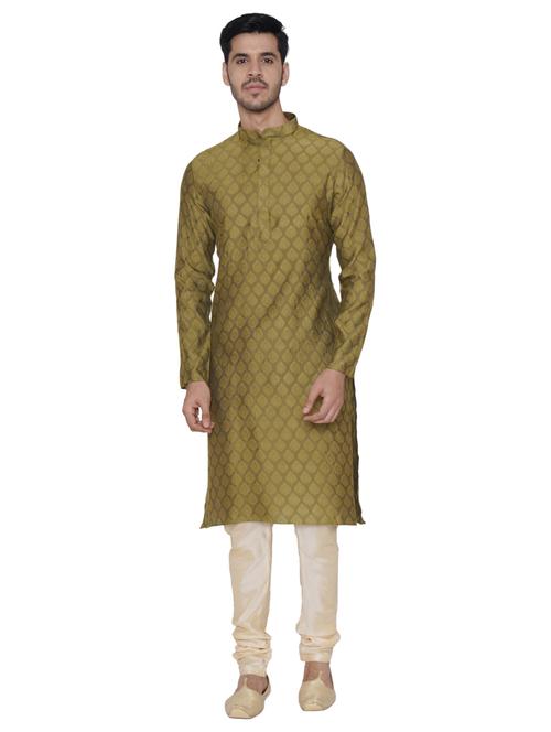 olive green jacquard silk blend long kurta - 17449074 - Very Small Image - 1