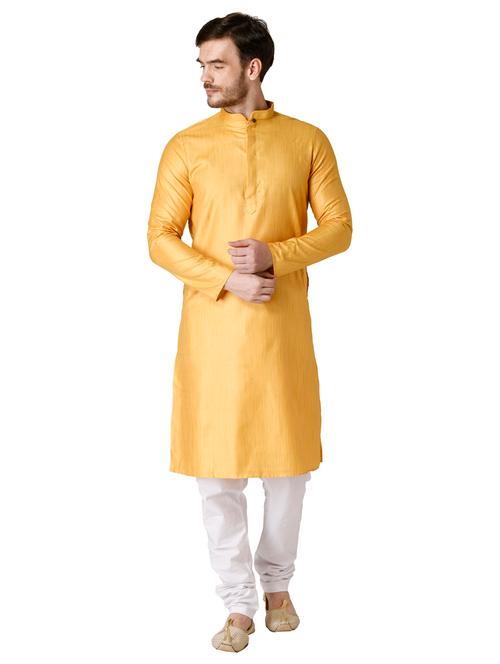 yellow self design silk blend long kurta - 17449083 - Very Small Image - 1