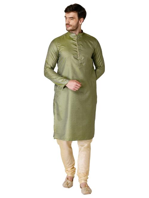 green jacquard silk blend long kurta - 17449096 - Very Small Image - 1