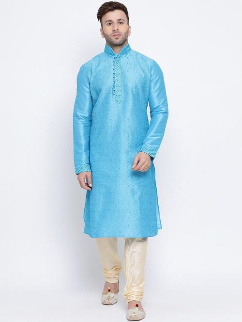 light blue embroidered dupion long kurta - 17451166 - Very Small Image - 1