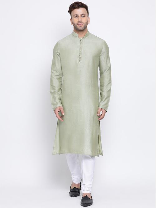 olive green embroidered silk blend long kurta - 17451185 - Very Small Image - 1