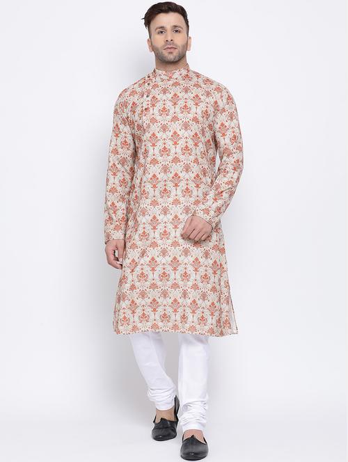beige printed linen long kurta - 17451206 - Very Small Image - 1