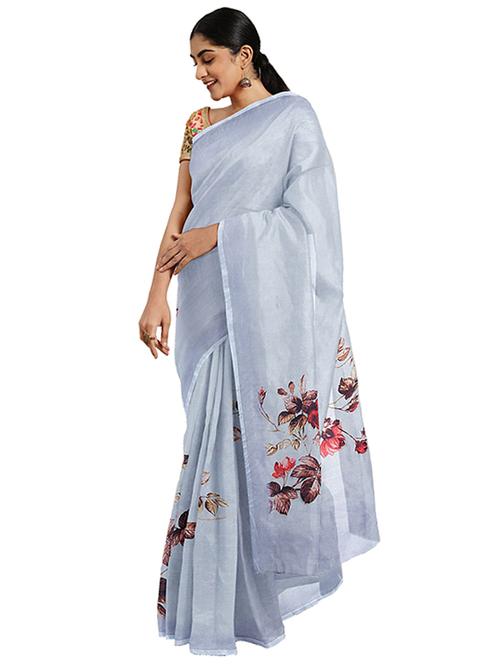 women's floral purist blue colored saree with blouse - 17451671 - Very Small Image - 1