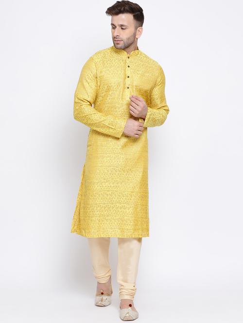 yellow jacquard silk blend kurta pyjama set - 17453101 - Very Small Image - 1