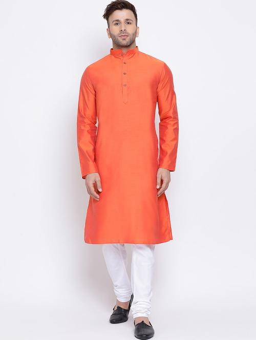 orange solid pure silk kurta pyjama set - 17453119 - Very Small Image - 1