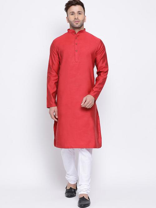 red solid pure silk kurta pyjama set - 17453120 - Very Small Image - 1