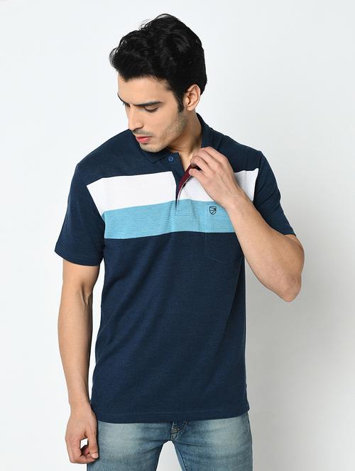 navy blue color block polo t-shirt - 17453621 - Very Small Image - 1