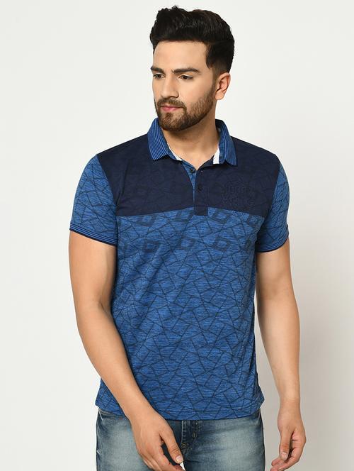 navy blue self design collared t-shirt - 17453656 - Very Small Image - 1