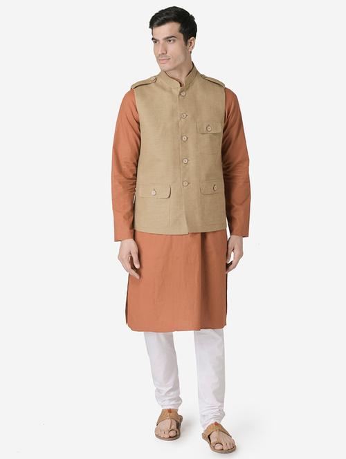 rust solid kurta pyjama set with beige nehru jacket - 17453747 - Very Small Image - 1