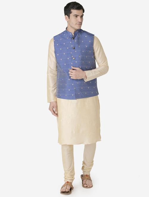 beige solid kurta pyjama set with blue jacquard nehru jacket - 17453753 - Very Small Image - 1