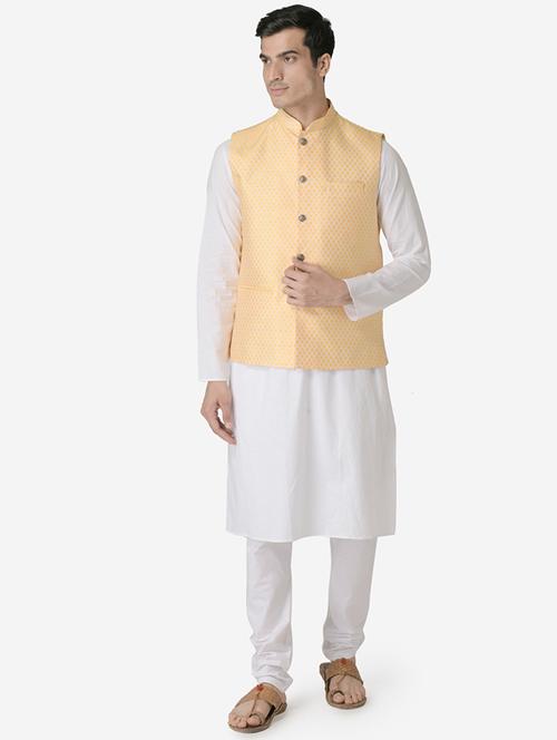 white solid kurta pyjama set with yellow jacquard nehru jacket - 17453756 - Very Small Image - 1