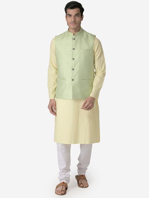 yellow solid kurta pyjama set with green jacquard nehru jacket - 17453757 - Very Small Image - 1