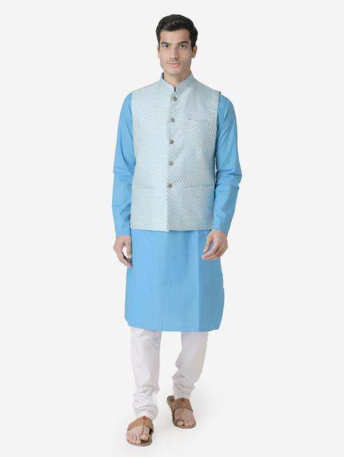 blue solid kurta pyjama set with light blue jacquard nehru jacket - 17453759 - Very Small Image - 1