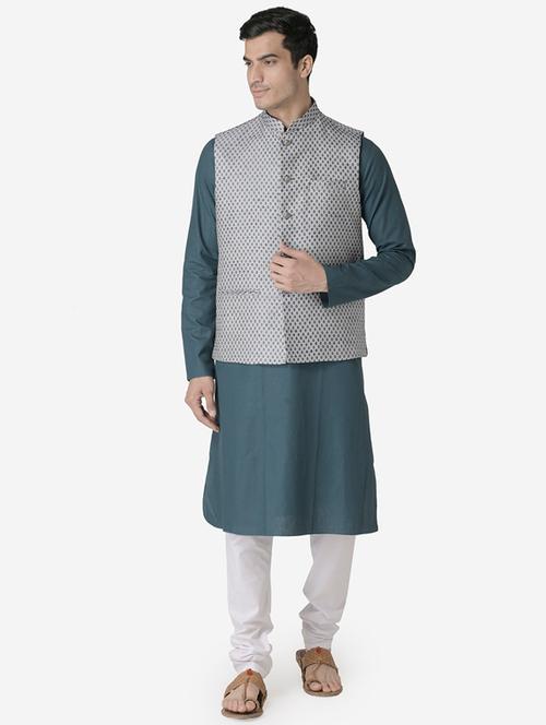 green solid kurta pyjama set with printed nehru jacket - 17453765 - Very Small Image - 1