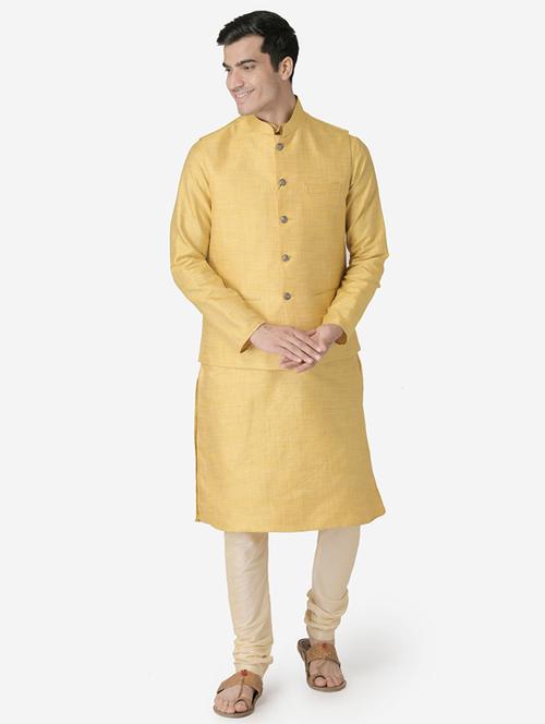 yellow solid silk blend kurta pyjama set with yellow solid nehru jacket - 17453769 - Very Small Image - 1