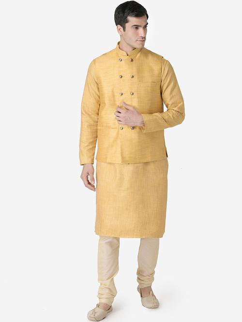 yellow solid silk blend kurta pyjama set with nehru jacket - 17453787 - Very Small Image - 1