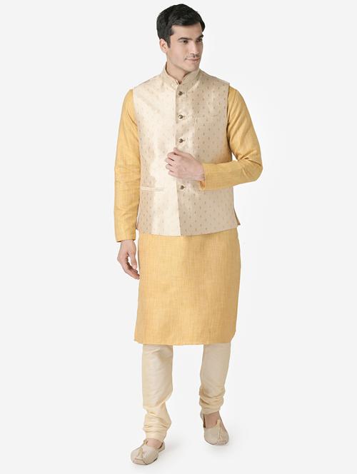 yellow solid silk blend kurta pyjama set with beige jacquard nehru jacket - 17453790 - Very Small Image - 1