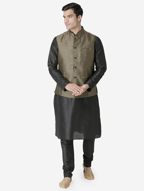 black silk blend kurta pyjama set with jacquard nehru jacket - 17453801 - Very Small Image - 1