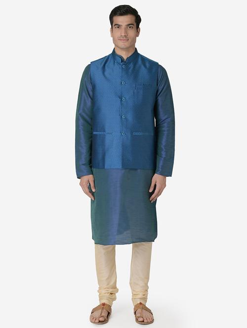 blue silk blend kurta pyjama set with jacquard nehru jacket - 17453803 - Very Small Image - 1