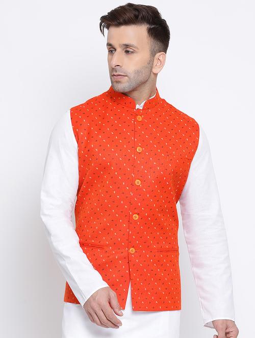 orange printed linen nehru jacket - 17454121 - Very Small Image - 1