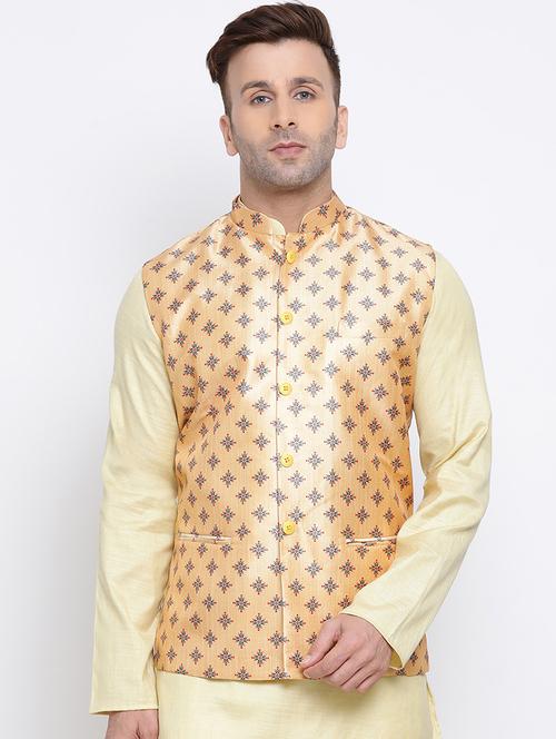 yellow printed silk nehru jacket - 17454131 - Very Small Image - 1