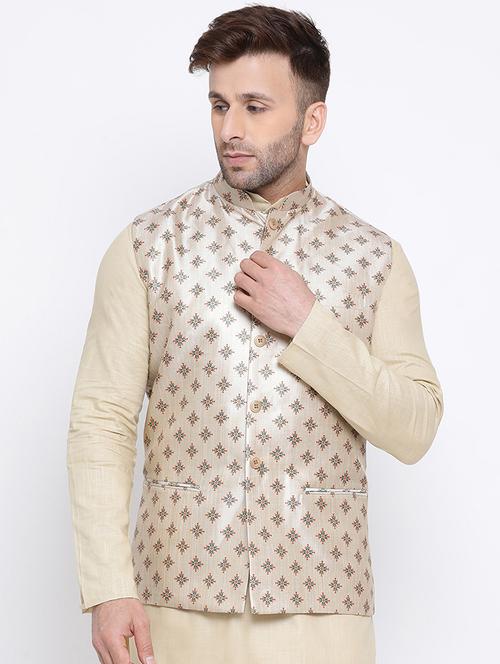 beige printed silk nehru jacket - 17454132 - Very Small Image - 1