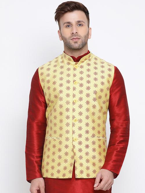 yellow printed nehru jacket - 17454142 - Very Small Image - 1