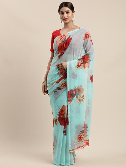 floral printed saree with blouse - 17454235 - Very Small Image - 1