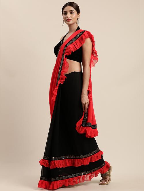 solid bordered ruffled saree with blouse - 17454246 - Very Small Image - 1