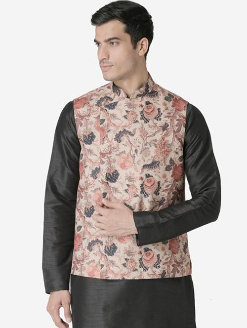 beige floral print nehru jacket - 17454562 - Very Small Image - 1