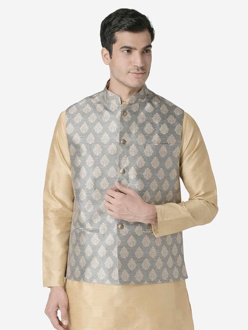 grey jacquard silk blend nehru jacket - 17454563 - Very Small Image - 1