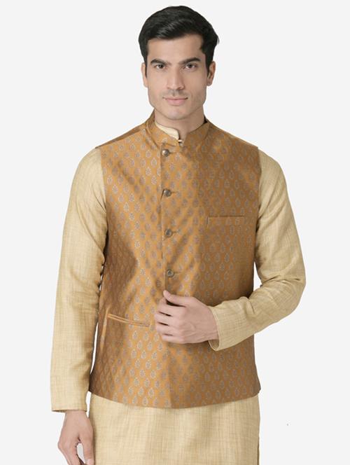 gold jacquard silk blend nehru jacket - 17454571 - Very Small Image - 1