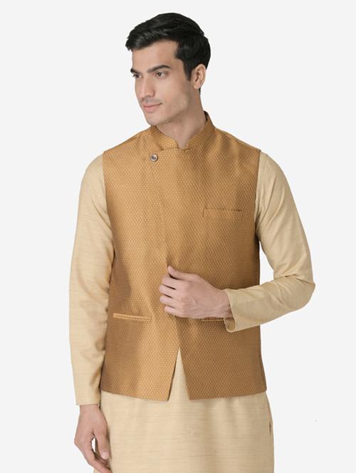 gold jacquard silk blend nehru jacket - 17454573 - Very Small Image - 1