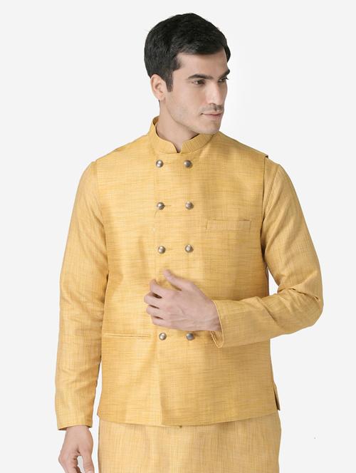 yellow self design silk blend nehru jacket - 17454579 - Very Small Image - 1